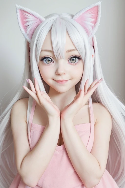 Anime girl with cat ears., inside the ears there is soft white fluff, her eyes are wide and curious, she is excited and happy to see me, beautiful eyes, White hair, Pink eyes, good art, good drawing, anime 2d, 2d, Cute, 2 hands and 5 fingers on each hand, Beautiful hands, Well-drawn hands, 4K, 8 K,