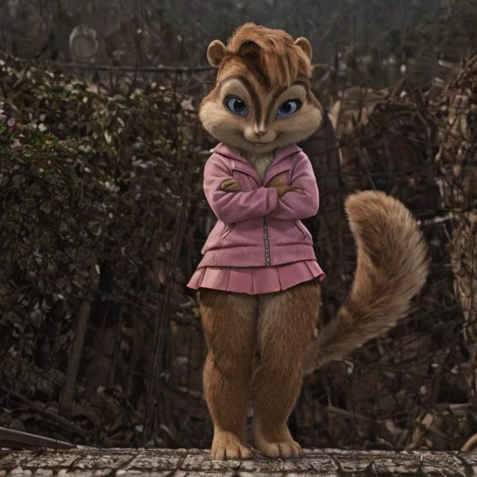 score_9, score_8_up, score_7, score_6, detailed background, brittany miller, chipmunk, furry, short ears, black leather jacket, pink skirt, light pink shirt, crossed arms, 6 inches tall,
