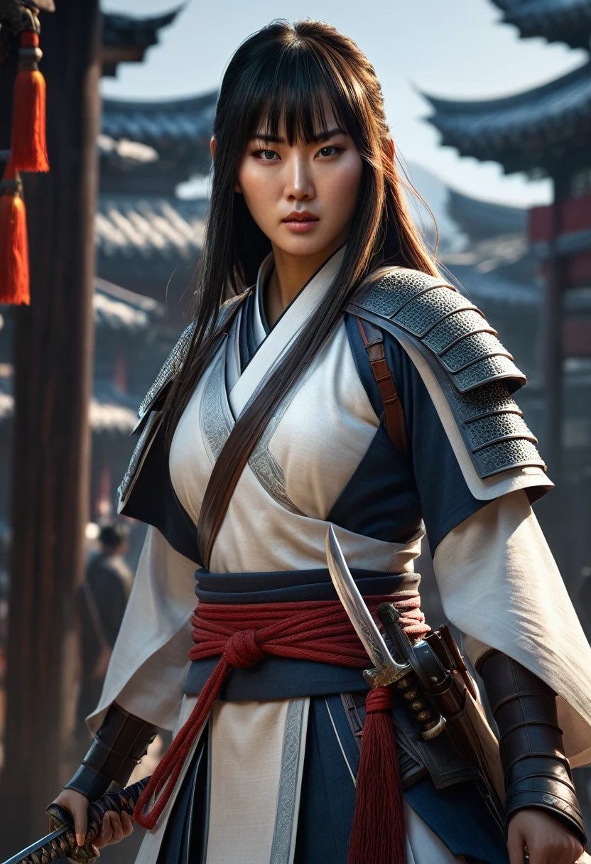 (high quality), (masterpiece), (detailed), 8K, Hyper-realistic portrayal of a assasin holding a sword. Korean character details bring the character to life in this visually stunning composition, showcasing the seamless blend of tradition and innovation. Trending on Artstation. A girl with bangs and long hair and a high mose bridge