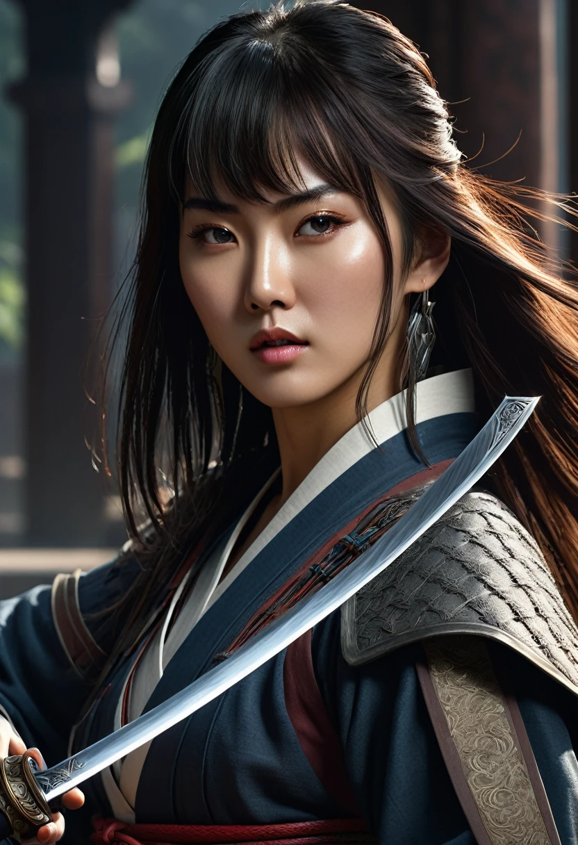 (high quality), (masterpiece), (detailed), 8K, Hyper-realistic portrayal of a assasin holding a sword. Korean character details bring the character to life in this visually stunning composition, showcasing the seamless blend of tradition and innovation. Trending on Artstation. A girl with bangs and long hair and a high mose bridge