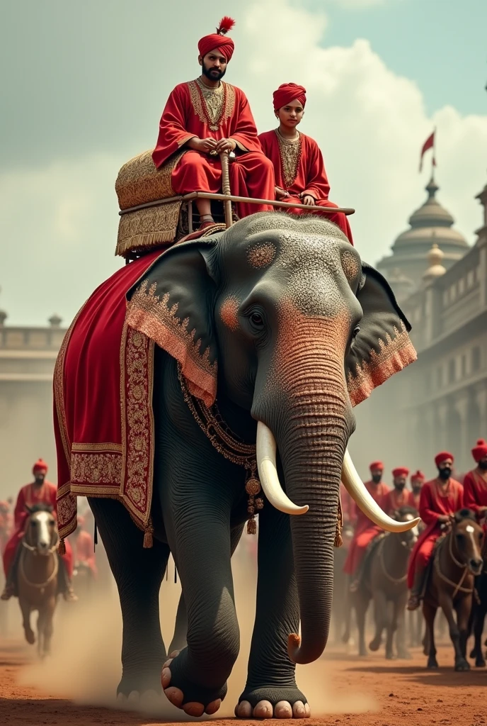 Two young male children of Tipu Sultan aged 7 and 10 wearing red cotton turbans and gown of the 18th century Indian costumes sitting on back of a gigantic elephant in a decorated silver Hooda. A old mahooth sitting on the head of the elephant is controlling and coming out of the gates of Srirangapatna. Tipu Sultan's cavalry and camel mounted soldiers are following them as part of the procession. The whole seen is in UHD resolution from the ground level shot in Very high resolution