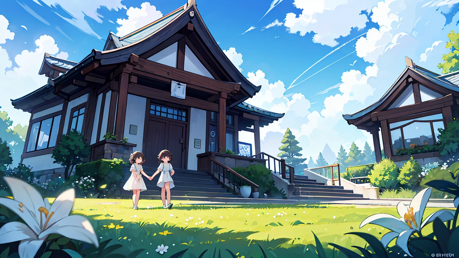 (걸작, 최고의 품질),Create an image of a couple holding hands, walking up a set of stairs towards a beautiful blue sky with fluffy clouds. The scene conveys a sense of romance and connection, integrated into the sky as if part of the cloudscape. The ground is covered with lush green grass and dotted with white flowers, enhancing the dreamy and serene atmosphere. 등장인물은 상세하게 그린다 눈 코 입 얼굴 자세히 보이게,상체만 보이는