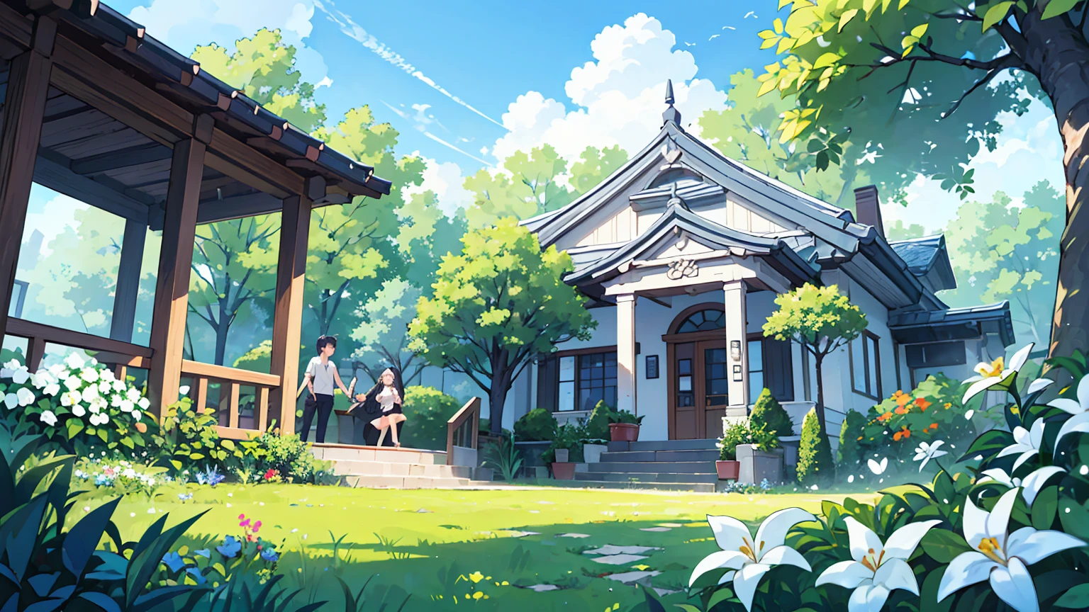 (걸작, 최고의 품질),Create an image of a couple holding hands, walking up a set of stairs towards a beautiful blue sky with fluffy clouds. The scene conveys a sense of romance and connection, integrated into the sky as if part of the cloudscape. The ground is covered with lush green grass and dotted with white flowers, enhancing the dreamy and serene atmosphere. 등장인물은 상세하게 그린다 눈 코 입 얼굴 자세히 보이게,상체만 보이는
