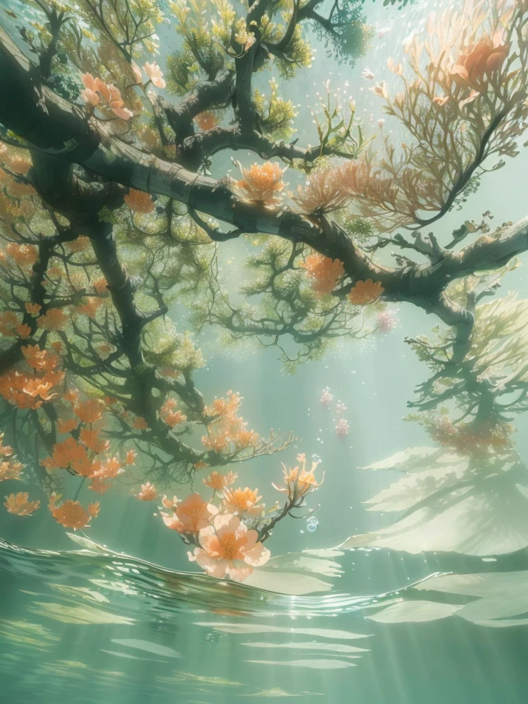 There is a tree in the water,blooming orange flowers, Floating underwater in the lake, underwater looking up, Underwater perspective, Floating underwater, underwater soft colours, Highly detailed watercolor 8k, Highly detailed watercolor 8k, Surreal Waizi Flowers, From below, Underwater landscape, Underwater roots, Underwater sparkling river, Floating Tree