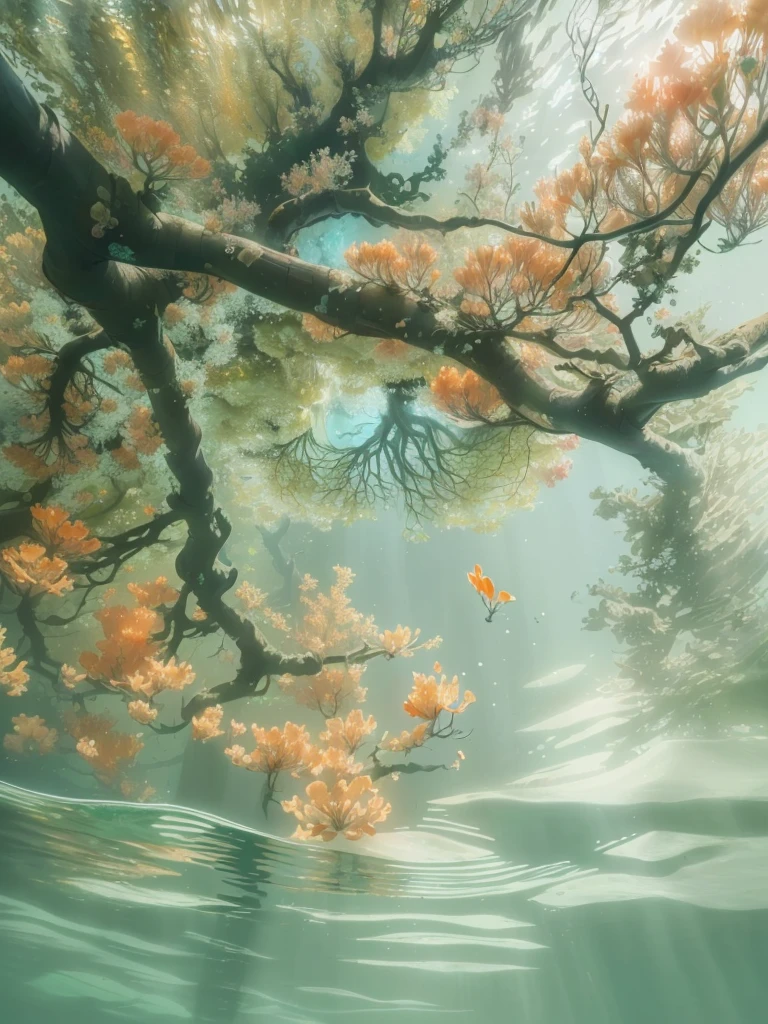 There is a tree in the water，blooming orange flowers, Floating underwater in the lake, underwater looking up, Underwater perspective, Floating underwater, underwater soft colours, Highly detailed watercolor 8k, Highly detailed watercolor 8k, Surreal Waizi Flowers, From below, Underwater landscape, Underwater roots, Underwater sparkling river, Floating Tree