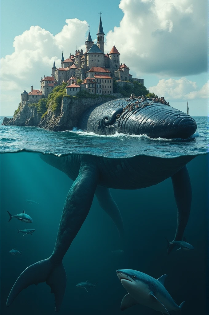 Medieval town on the back of a giant scarred whale surrounded by sharks 
