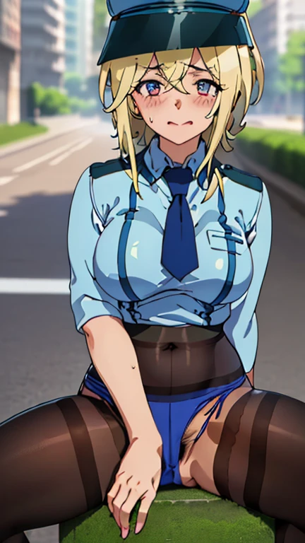 (masterpiece:1.2, 最high quality), (Realistic, photoRealistic:1.4),Beautiful illustrations,(Natural Side Lighting, Cinema Lighting),1 female,Japanese,Mature Woman,Ahegao,Female police officer on patrol,28 years old,Perfect Face, Symmetrical face, Glowing Skin,Silver Hair,Big eyes,Sexy Eyes,(smile),(whole body),break((Police Officer Shirt)),((Tight mini skirt))(Police hat),(The background is a street corner:1.5),(((Background Blur:1.5))),((Police uniform)),(((Standing posture))),One Girl,masterpiece,最high quality,(8k, 最high quality, masterpiece:1.2), (Very detailed:1.2), 超high quality, high quality, Beautiful sparkle,reflection, ((frontから,front)), Beautiful eyes in every detail,Upturned eyes,View your viewers,Compensate,Red lips, (Embarrassing,blush:1.3),forge,(full-face blush:1.2),In a tight suit,Tight Skirt,Collared shirt,Black Pantyhose,(Blue panties:1.5),High heels,Name tag,scarf,(panties under pantyhose:1.5),(pubic hair under panties:1.5),(pubic hair:1.5), ((Sensual,glamorous,Chubby,thick,Curvy,Long legs,expensive,Saggy breasts)), (Spread your legs:1.5),(Spread your legs:1.5),Sitting,(Place both hands on pussy:1.5),