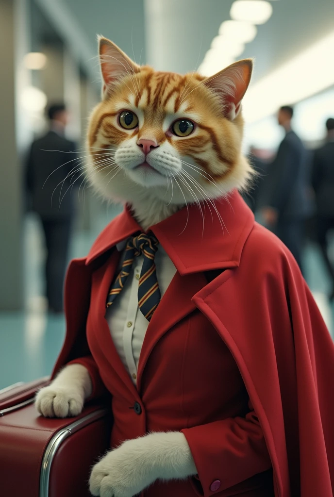 35mm lens,Multiple angles,Beautiful Cat,cute,sexly,Personification,Back,Side,silhouette,Overhead shot,Cat,Standing,Doll,Airline stewardess,Trolley case,,AIRPORT,Airline stewardess, cloak,Ruan Jia,,Work clothes,tie, (Delicate face), (Fine fluffy fur),(35mm Cinema Lens),(Multi-angle shooting),(many viewing angles)