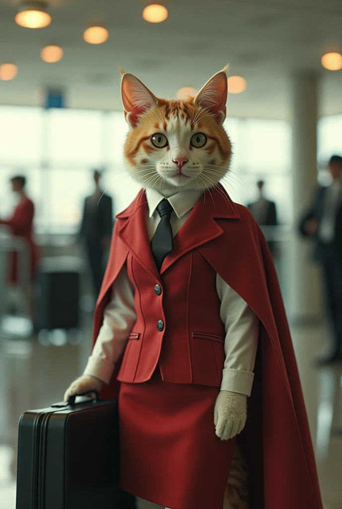 35mm lens,Multiple angles,Beautiful Cat,cute,sexly,Personification,Back,Side,silhouette,Overhead shot,Cat,Standing,Doll,Airline stewardess,Trolley case,,AIRPORT,Airline stewardess, cloak,Ruan Jia,,Work clothes,tie, (Delicate face), (Fine fluffy fur),(35mm Cinema Lens),(Multi-angle shooting),(many viewing angles)