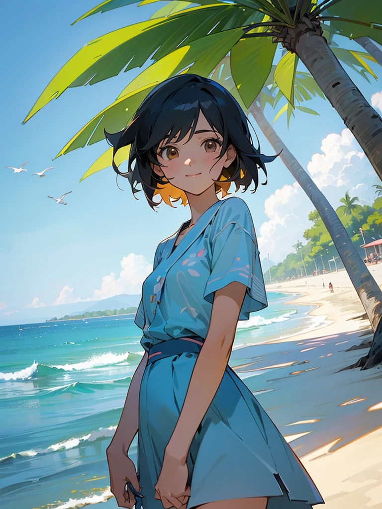 master piece, best quality, for below, cinematic angle, upper body , pigeon toed,
Anime-style Moe illustration, yuri, summer vacation theme, 20-year-old, 2Girls, Beach,Tree Shade, short hair,
Summer Casual, slightly inner thighs, smile, accurate drawing, Active pose, Active Angle,