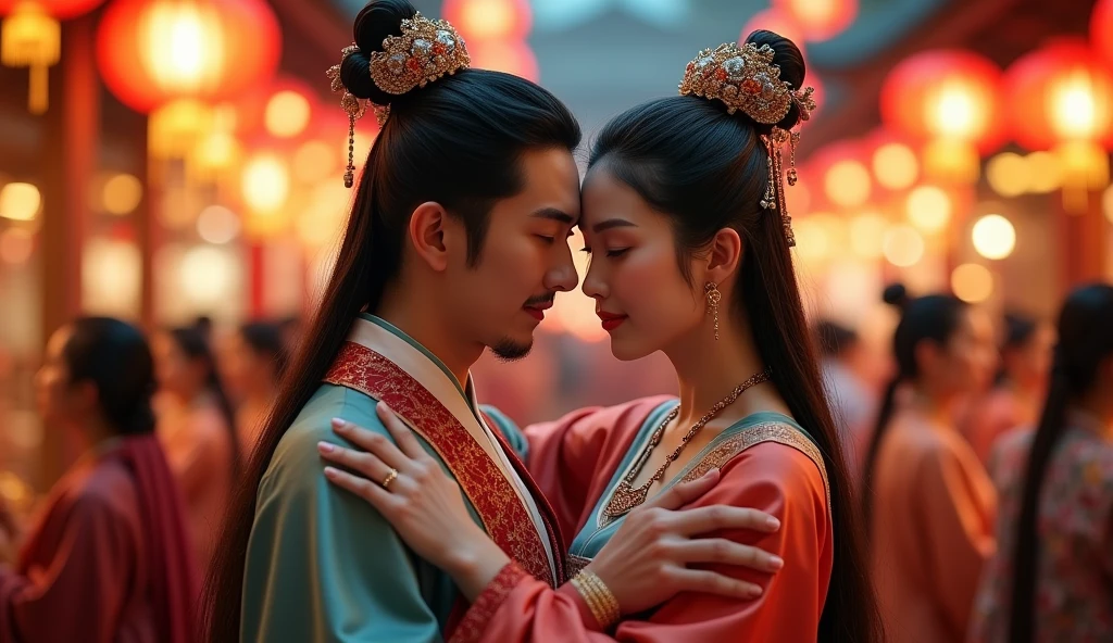 Hyperrealistic style，Hanfu，Yang Guifei holding Tang Minghuang，Tang Dynasty，Chang&#39;an，Lantern Festival Night Market，Tang Dynasty侍女，Bright Lights，Perfect details，close up，Crowded，Ultra HD，4K
