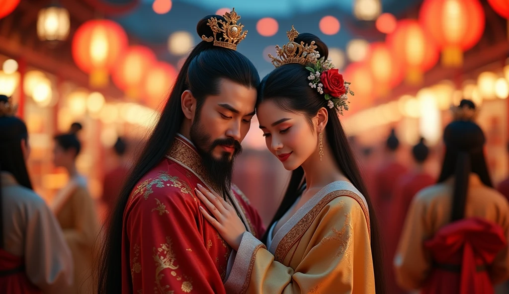 Hyperrealistic style，Hanfu，Yang Guifei holding Tang Minghuang，Tang Dynasty，Chang&#39;an，Lantern Festival Night Market，Tang Dynasty侍女，Bright Lights，Perfect details，close up，Crowded，Ultra HD，4K
