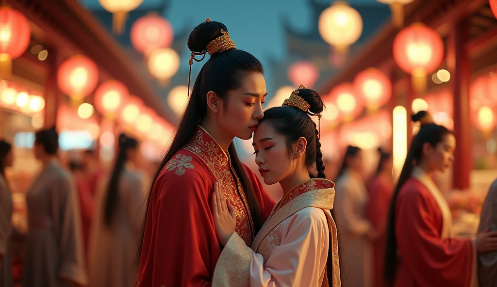 Hyperrealistic style,Hanfu,Yang Guifei holding Tang Minghuang,Tang Dynasty,Chang'an,Lantern Festival Night Market,Tang Dynasty侍女,Bright Lights,Perfect details,close up,Crowded,Ultra HD,4K
