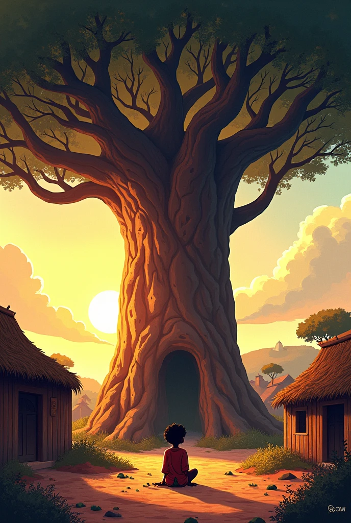 Illustration Brief: A vibrant, detailed illustration of the ancient baobab tree standing tall
in the center of Adom village. The tree’s massive trunk and sprawling branches create a
canopy over the village. Ama, a curious -year-oirl w bright eyes, sits at the
base of the tree, listening intently to its whispers. The village huts and surrounding
landscape are visible in the background, with the setting sun casting a warm glow over
the scene.