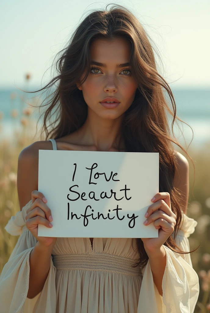 Beautiful girl with wavy long hair, bohemian dress, holding a white board with text "I Love Seaart Infinity" and showing it to the viewer