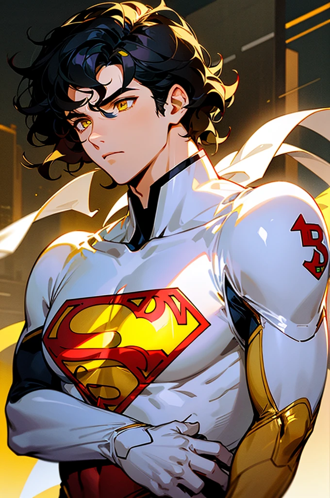 1male , Low taper fade , wavy hair ,short hair, black Hair , golden Eyes , Lean ,teen male , white Body Suit , Serious Expression , Modern City Background , Yellow S symbol on chest, modern city background, upper body, superman shirt, arm, white arm sleeves, superhero suit, Superman S Symbol,