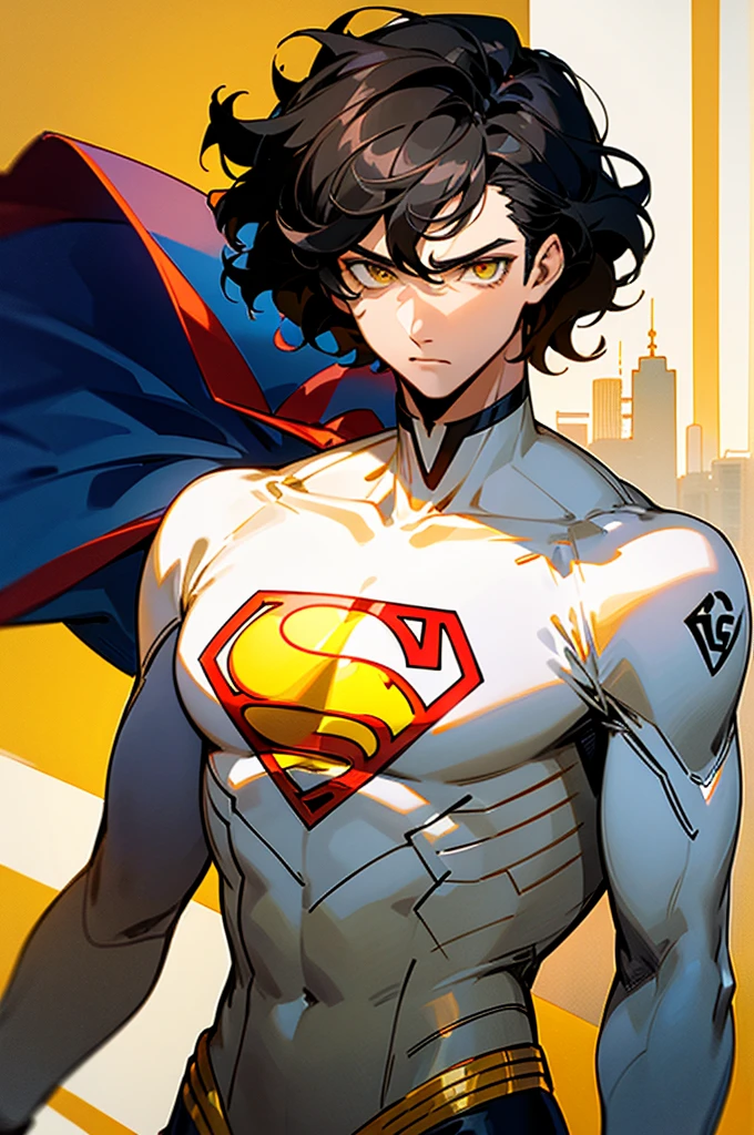 1male , Low taper fade , wavy hair ,short hair, black Hair , golden Eyes , Lean , male , white Body Suit , Serious Expression , Modern City Background , Yellow S symbol on chest, modern city background, upper body, superman shirt, arm, white arm sleeves, superhero suit, Superman S Symbol,