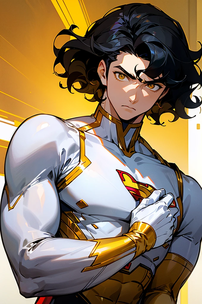 1male , Low taper fade , wavy hair ,short hair, black Hair , golden Eyes , Lean ,teen male , white Body Suit , Serious Expression , Modern City Background , Yellow S symbol on chest, modern city background, upper body, superman shirt, arm, white arm sleeves, superhero suit, Superman S Symbol,