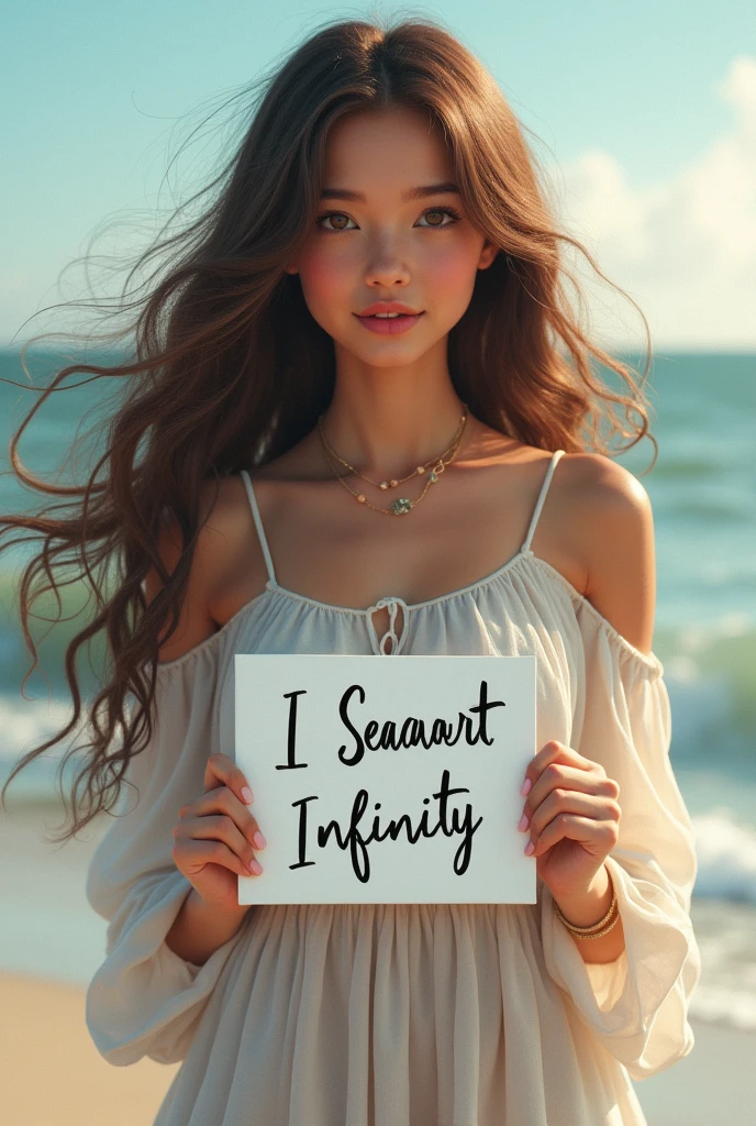 Beautiful girl with wavy long hair, bohemian dress, holding a white board with text "I Love Seaart Infinity" and showing it to the viewer