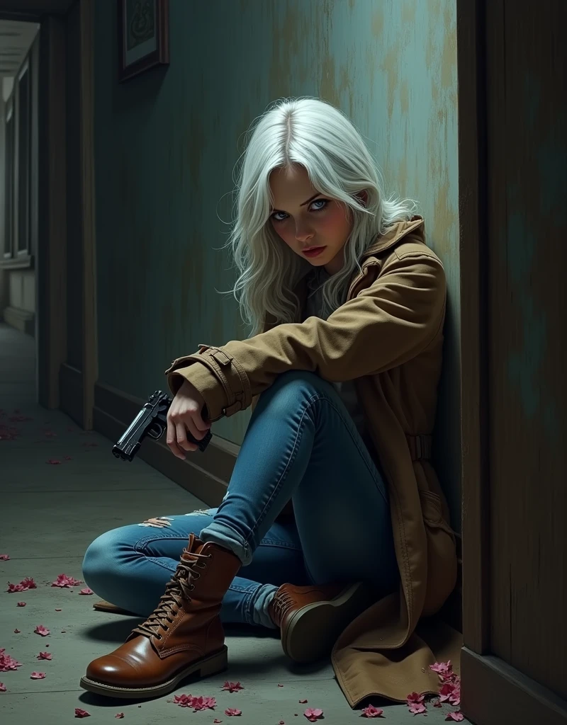 (Suspense scene ((Concept art)), Very detailed with a girl in jeans with brown coat and boots), (better lighting, better shadow, Extremely delicate and scary), (digital illustration art), ((Painting 4k)), [(Dynamic Angle,((1girl)),white colored hair, (beatiful face, a perfect face, Scared,) Expression of fear, Torn clothes, pistol in hand, sitting on the floor, darkness, The Scary House),  [:(Dark, mysterious, Game coloring page, An ominous setting, Crenellated corridors, big house, Deathly silence):]