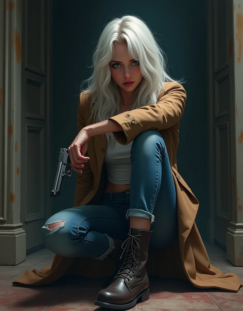(Suspense scene ((Concept art)), Very detailed with a girl in jeans with brown coat and boots), (better lighting, better shadow, Extremely delicate and scary), (digital illustration art), ((Painting 4k)), [(Dynamic Angle,((1girl)),white colored hair, (beatiful face, a perfect face, Scared,) Expression of fear, Torn clothes, pistol in hand, sitting on the floor, darkness, The Scary House),  [:(Dark, mysterious, Game coloring page, An ominous setting, Crenellated corridors, big house, Deathly silence):]