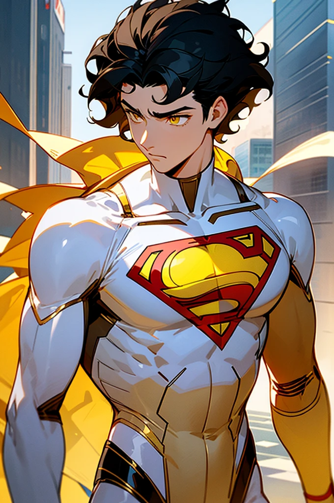 1male , Low taper fade , wavy hair ,short hair, black Hair , golden Eyes , Lean , male , white Body Suit , Serious Expression , Modern City Background , Yellow S symbol on chest, modern city background, upper body, superman shirt, arm, white arm sleeves, superhero suit, Superman S Symbol,