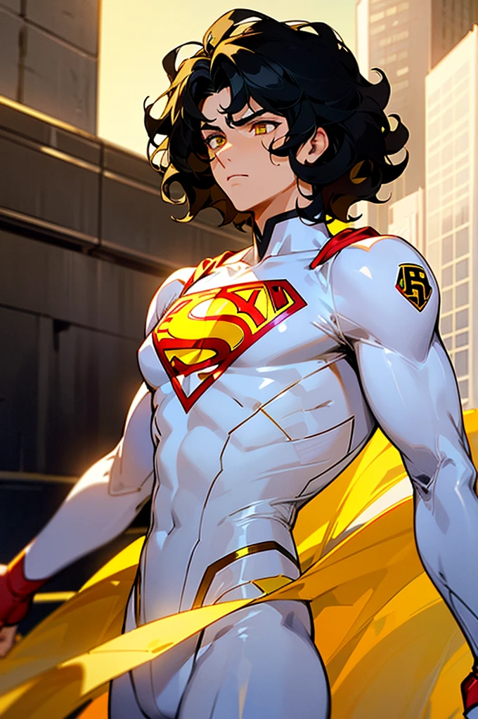 1male , Low taper fade , wavy hair ,short hair, black Hair , golden Eyes , Lean , male , white Body Suit , Serious Expression , Modern City Background , Yellow S symbol on chest, modern city background, upper body, superman shirt, arm, white arm sleeves, superhero suit, Superman S Symbol,