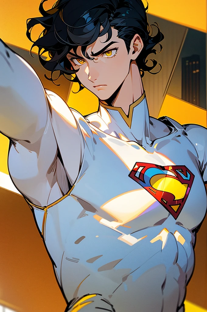 1male , Low taper fade , wavy hair ,short hair, black Hair , golden Eyes , Lean ,teen male , white Body Suit , Serious Expression , Modern City Background , Yellow S symbol on chest, modern city background, upper body, superman shirt, arm, white arm sleeves, superhero suit, Superman S Symbol,