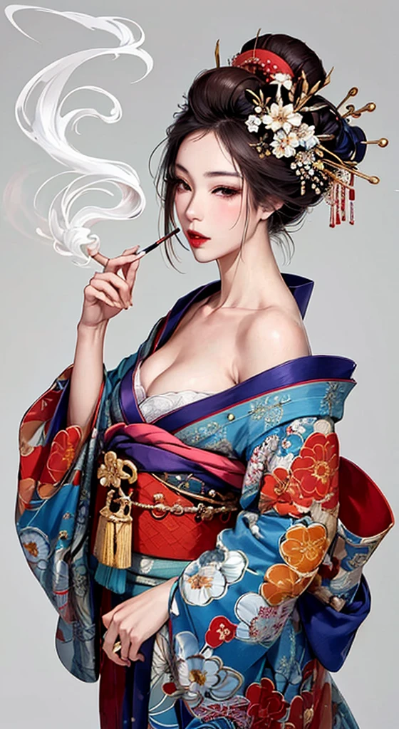 {{{{masterpiece}}}}, {{{Super detailed}}}, {{{High resolution}}}, {{Excellent anatomy}}, (((highest quality))), ((Very delicate and beautiful)), {{Very detailed and delicate}}, {8k CG wallpaper}, {{figure}}, Hairpin:1.4, (One woman),Oiran,,A seductive gaze、Smoking a cigarette