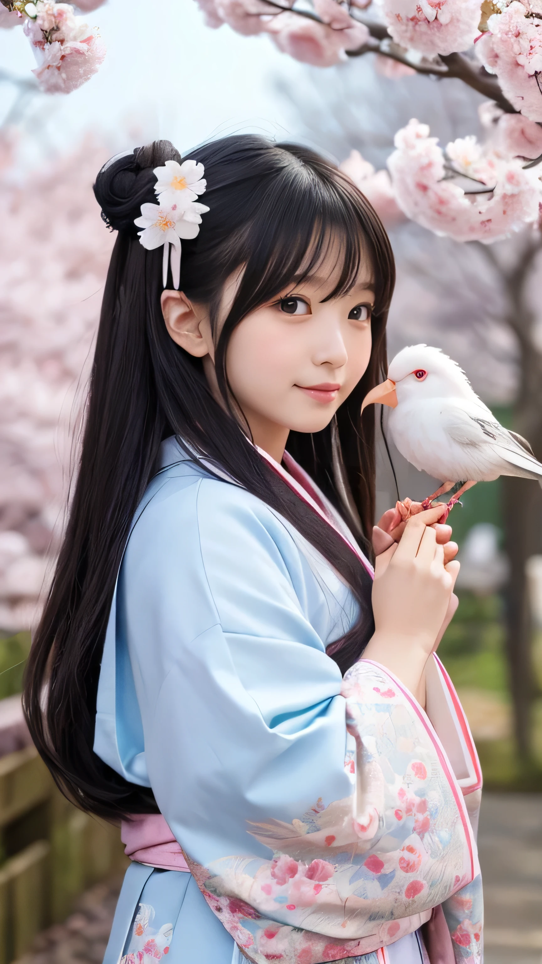 **Prompt:** Create an ultra-realistic depiction of a Tengu transformed into the ultimate "moe" character while retaining its traditional features. The Tengu has a cute, small, beak-like nose, large, expressive eyes filled with warmth and curiosity, and feathered wings that are now soft and fluffy, tinged with pastel colors like pink and soft blue. Its traditional long hair flows gracefully, with small, decorative feathers woven in. The Tengu is dressed in an adorable, kimono-inspired outfit with a short, playful skirt and vibrant patterns, accentuating its cuteness. The Tengu's expression is gentle and sweet, with a slight blush, holding a small fan in one hand while the other hand makes a cute gesture. The background features a serene, fantasy-like forest with cherry blossoms gently falling, adding to the Tengu's kawaii appeal.