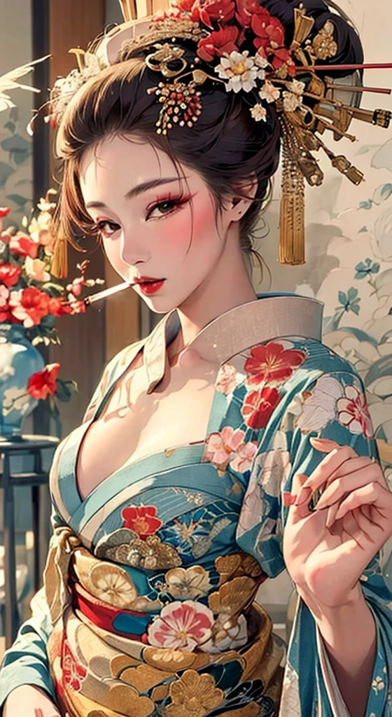 {{{{masterpiece}}}}, {{{Super detailed}}}, {{{High resolution}}}, {{Excellent anatomy}}, (((highest quality))), ((Very delicate and beautiful)), {{Very detailed and delicate}}, {8k CG wallpaper}, {{figure}},  Hairpin:1.4,   (One woman),Oiran,,A seductive gaze、Smoking a cigarette