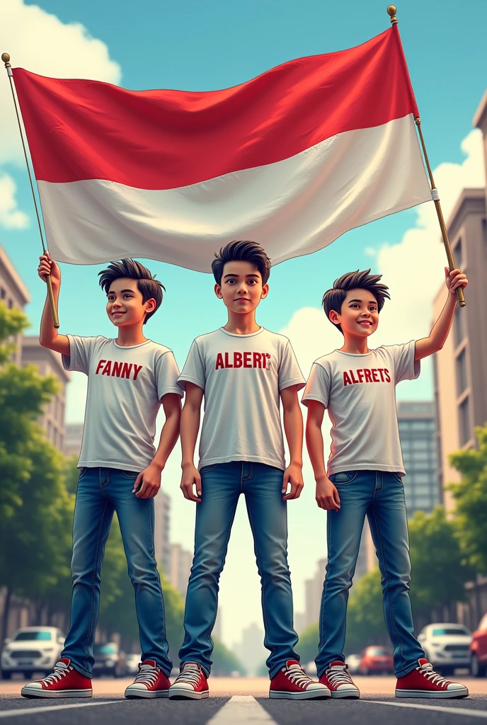 Produce 3 Realistic 30 year old boys, wearing a white t-shirt, blue jeans, sneakers, and name "fanny" "ALBERT" "ALFRETS" written on his shirt and the boy is standing on the street holding the Indonesian national flag, and behind it is Red For Indonesia. and written in the sky Independence Day "create high quality Realistic images, 4k resolution, in a realistic comic book style