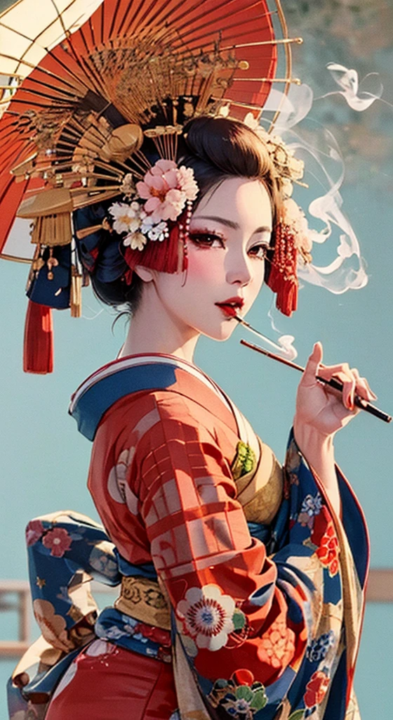 {{{{masterpiece}}}}, {{{Super detailed}}}, {{{High resolution}}}, {{Excellent anatomy}}, (((highest quality))), ((Very delicate and beautiful)), {{Very detailed and delicate}}, {8k CG wallpaper}, {{figure}}, Hairpin:1.4, (One woman),Oiran,,A seductive gaze、Smoking a cigarette