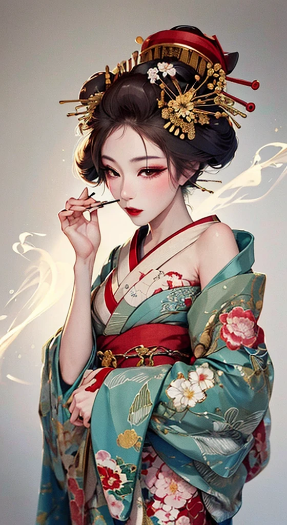 {{{{masterpiece}}}}, {{{Super detailed}}}, {{{High resolution}}}, {{Excellent anatomy}}, (((highest quality))), ((Very delicate and beautiful)), {{Very detailed and delicate}}, {8k CG wallpaper}, {{figure}}, Hairpin:1.4, (One woman),Oiran,,A seductive gaze、Smoking a cigarette