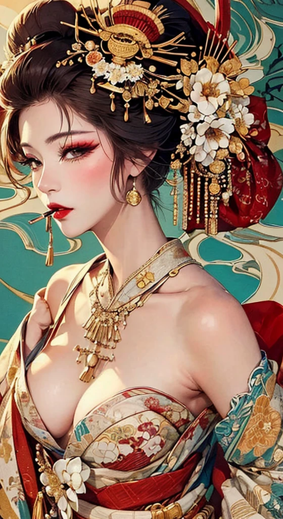 {{{{masterpiece}}}}, {{{Super detailed}}}, {{{High resolution}}}, {{Excellent anatomy}}, (((highest quality))), ((Very delicate and beautiful)), {{Very detailed and delicate}}, {8k CG wallpaper}, {{figure}}, Hairpin:1.4, (One woman),Oiran,,A seductive gaze、Smoking a cigarette