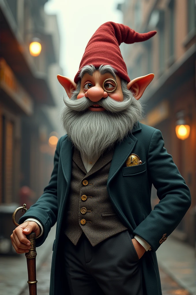 A dnd gnome in a suit from around the industrial revolution, top-hat, walking stick (with ring on the stick), The gnome has a beard with some gray hairs but well groomed, a pocket hat in the right breast pocket, and a lens in the right eye