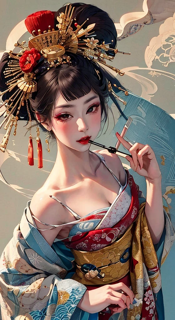 XUER Poster Art,One girl,alone,chest,Black Hair,hair ornaments,Long sleeve,Exposing shoulders,jewelry,Mouth closed,close your eyes,Upper Body,Side Lock,earrings,kimono,Raise your hand,Hair Flower,Wide sleeves,kimono,necklace,Off the shoulder,Manicure,nail,toilet,profile,Facial blemishes,ring,lipstick,Black background,Tassel,Pale skin,eye shadow,青いnail,long nail,beans,blue flower,shawl,Forehead mark,nose,sharp nail,Red lips,eyeliner,Arm tattoo,Shoulder Tattoo,Pulling the hair back,mascara,peace,