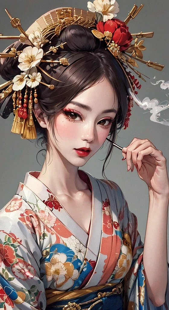 {{{{masterpiece}}}}, {{{Super detailed}}}, {{{High resolution}}}, {{Excellent anatomy}}, (((highest quality))), ((Very delicate and beautiful)), {{Very detailed and delicate}}, {8k CG wallpaper}, {{figure}}, Hairpin:1.4, (One woman),Oiran,,A seductive gaze、Smoking a cigarette