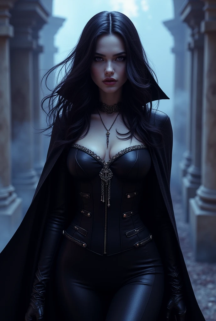 Make me a photo of Raven from teen titans. Make her outfit cool and sexy at the same time.