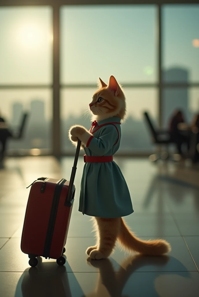 35mm lens,Multiple angles,漂亮的Cat,cute,Sexy,Personification,Back,side,silhouette,Overhead shot,Cat,Standing,doll,Airline stewardess,Trolley case,,AIRPORT,Airline stewardess, cloak,Ruan Jia,,Work clothes,tie, (Delicate face), (Fine fluffy fur),(35mm Cinema Lens),(Multi-angle shooting),(many viewing angles)