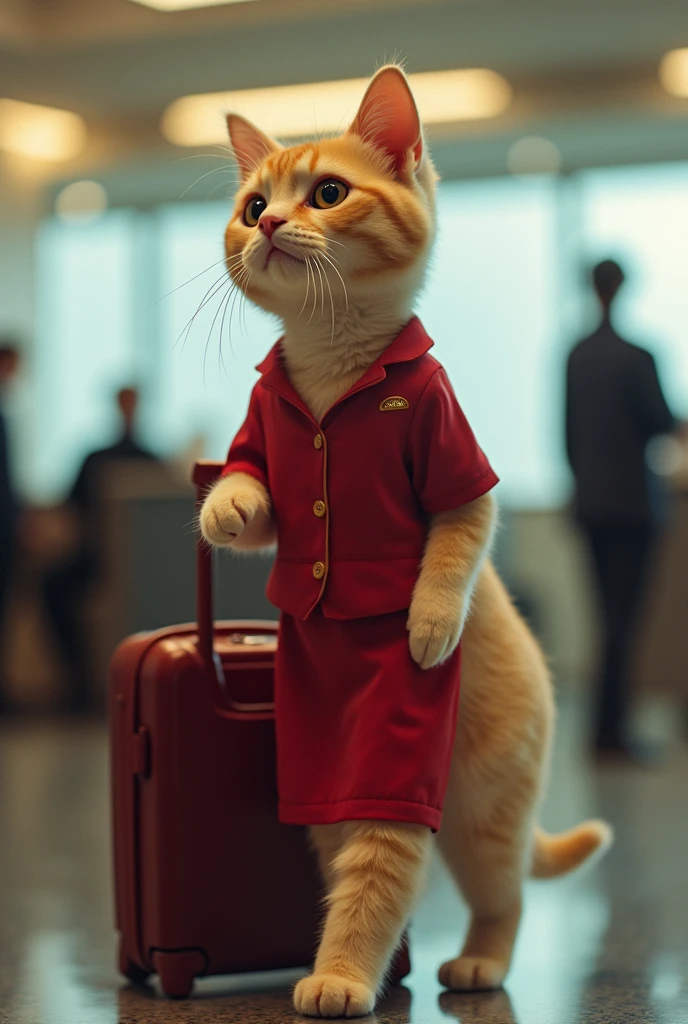 35mm lens,Multiple angles,漂亮的Cat,cute,Sexy,Personification,Back,side,silhouette,Overhead shot,Cat,Standing,doll,Airline stewardess,Trolley case,,AIRPORT,Airline stewardess, cloak,Ruan Jia,,Work clothes,tie, (Delicate face), (Fine fluffy fur),(35mm Cinema Lens),(Multi-angle shooting),(many viewing angles)