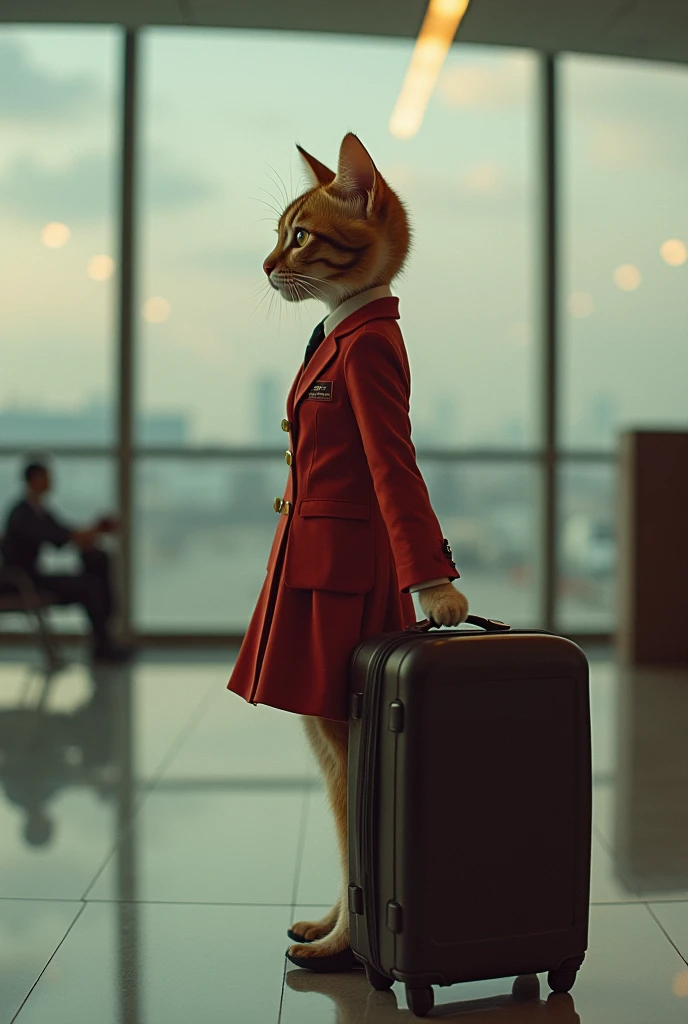 35mm lens，Multiple angles，漂亮的Cat，cute，Sexy，Personification，Back，side，silhouette，Overhead shot，Cat，Standing，doll，Airline stewardess，Trolley case，，AIRPORT，Airline stewardess， cloak,Ruan Jia,，Work clothes，tie, (Delicate face), (Fine fluffy fur)，（35mm Cinema Lens），（Multi-angle shooting），（many viewing angles）