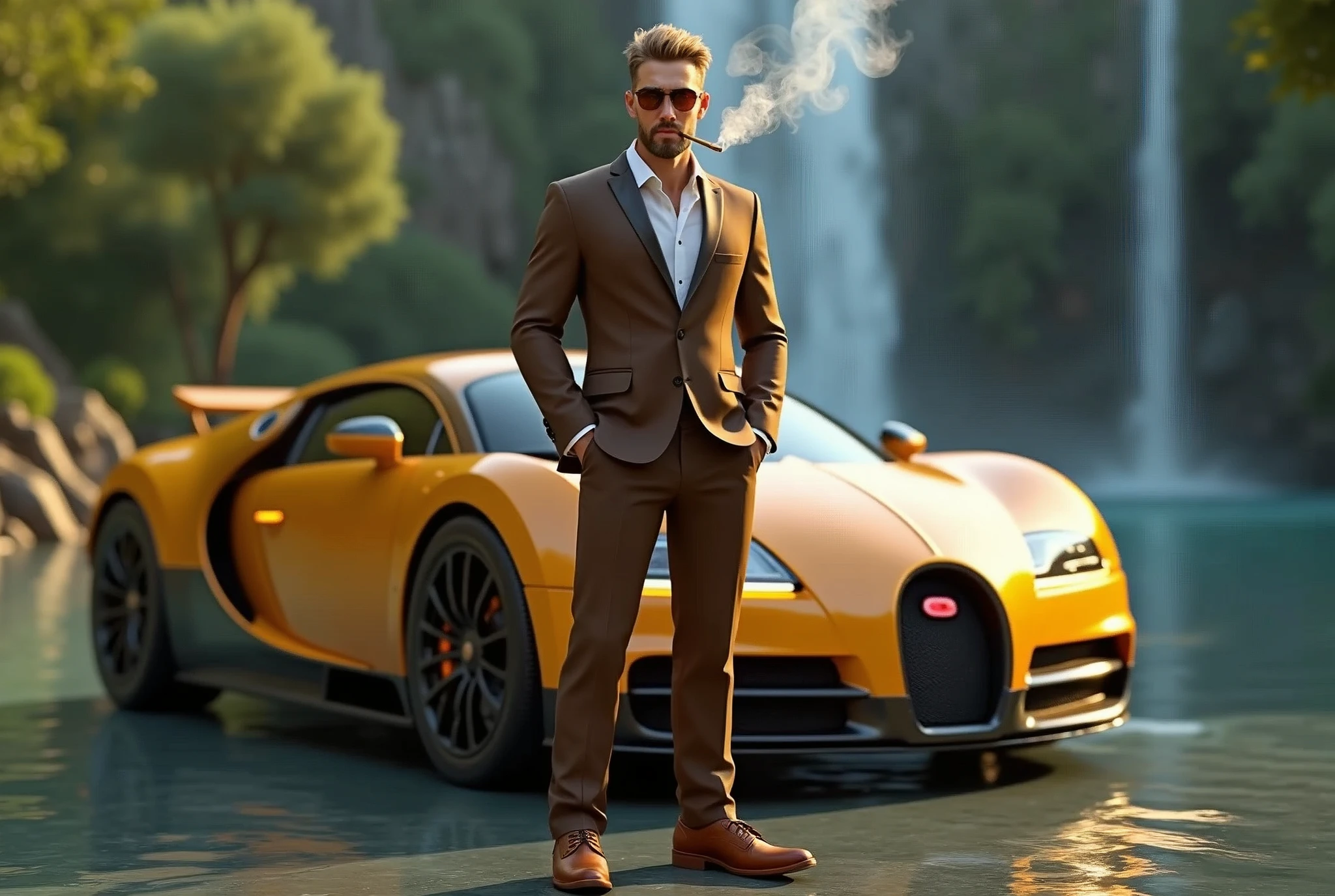 A stunning digital 3D render! The camera captures a man standing confidently in front of a sleek, tan Bugatti Veyron with neon golden headlights, its curves reflected perfectly in the surrounding waterfall and lush greenery. The subject, dressed in a well-tailored brown suit, white shirt, and brown leather shoes, exudes sophistication. His  blonde hair is stylishly groomed, and his facial hair complements his features. Tan sunglasses sit atop his nose, while a joint dangles from his lips, releasing wispy smoke trails around his head. The overall atmosphere screams luxury and refinement, retina, accurate, masterpiece, anatomically correct, textured skin, super detail, high quality, award winning, highres, 8k, 16k
