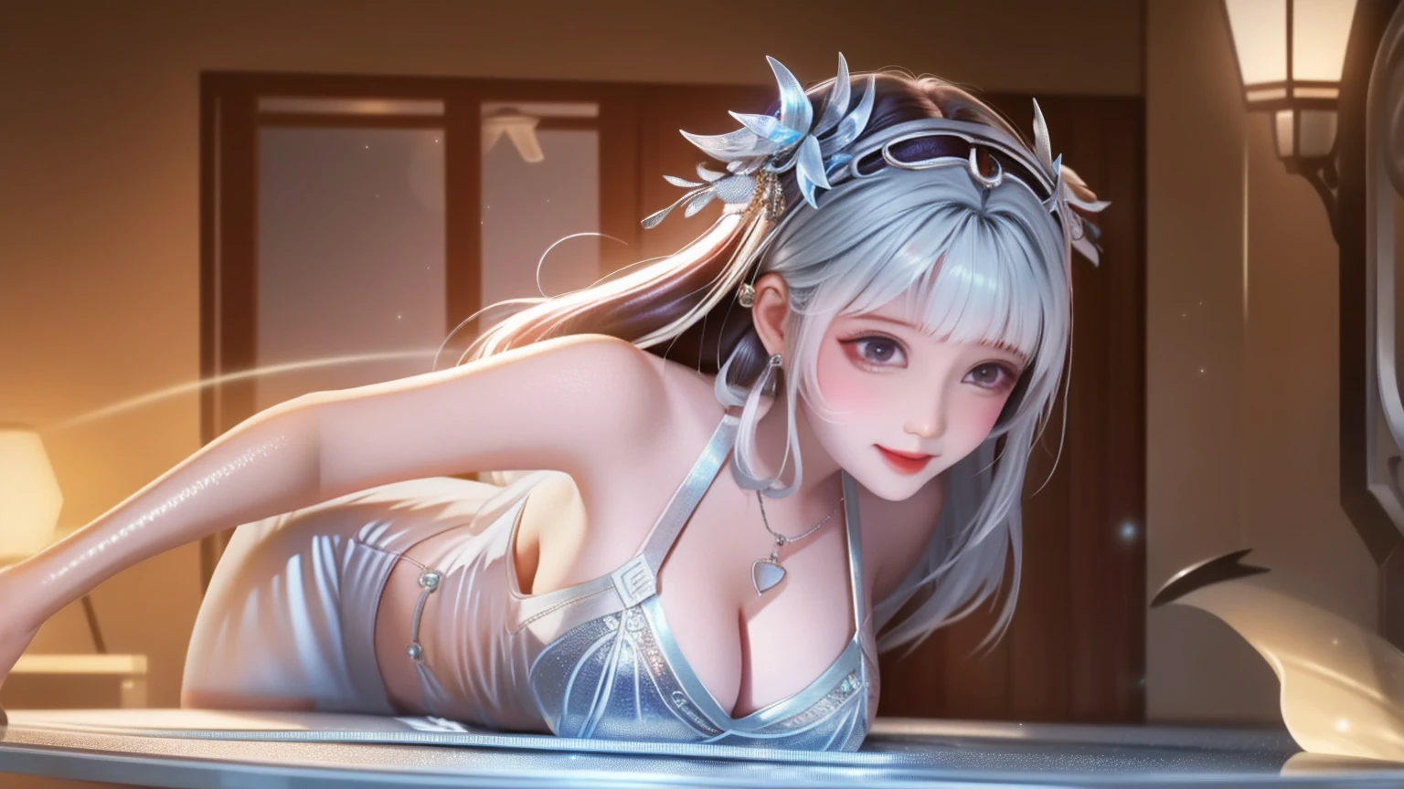 masterpiece, best quality, Very detailed, to the camera, 複雑に詳細なVery detailed, Practical, Distinctive features, Very detailed, Clear focus, Perfect face, Perfect face, Perfect symmetry,perfects eyes, Perfect plump lips, Flexible female form, Movie, lamp, Very detailed, hyper Practical, masterpiece, atmosphere, high resolution, Energetic, 动态工作室lamp光, ((Dark background)), Endure the expression of happiness, Straight bangs, black eyes,Kneel down,Hands on hips、butt、Spread your legs、lie、Supine、Sexually excited expressions、No clothes、((Top quality、8K、masterpiece:1.3)),(((Wearing a silver micro bikini))),Girl with delicate face,Huge breasts, Highest image quality,Ultra-clear,Exquisite and clear facial features
