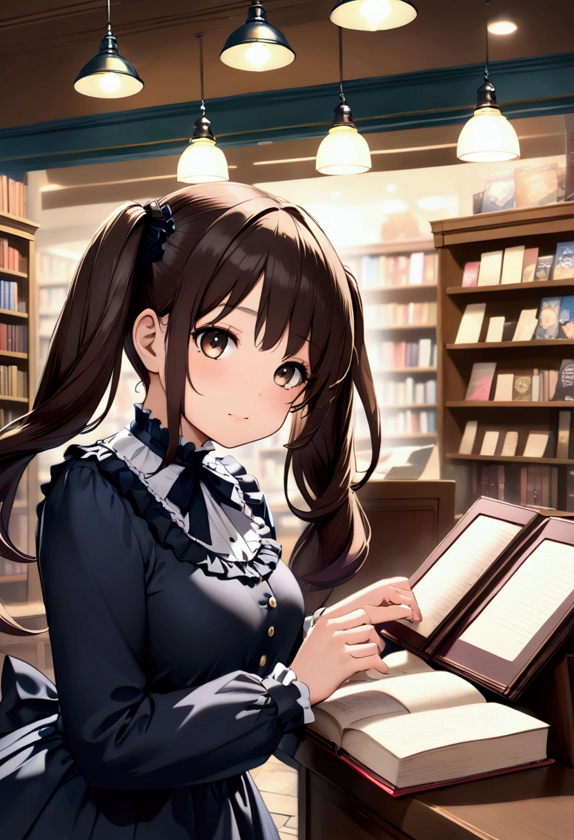 (nsfw:1.5)((垂れeye)),(((Twin tails))),Dark brown hair,pupil_Black,pupil_big,eye_small,Baby Face,round face,8k wallpaper, (shape:0.8), (Beautiful attention to detail:1.6), Highly detailed face, Perfect lighting, Extremely detailed CG, (Perfect hands, Perfect Anatomy),Gothic Lolita,Her occupation is novelist,Shopping at the bookstore,A store clerk spots her and demands an autograph,Other customers are happy to see her,The bookstore is crowded,