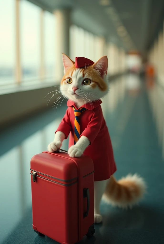 35mm lens，Multiple angles，漂亮的Cat，cute，Sexy，Personification，Back，side，silhouette，Overhead shot，Cat，Standing，doll，Airline stewardess，Trolley case，，AIRPORT，Airline stewardess， cloak,Ruan Jia,，Work clothes，tie, (Delicate face), (Fine fluffy fur)，（35mm Cinema Lens），（Multi-angle shooting），（many viewing angles）