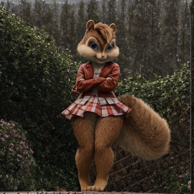 score_9, score_8_up, score_7, score_6, detailed background, brittany miller, chipmunk, furry, short ears, black leather jacket, pink skirt, light pink shirt, crossed arms, 6 inches tall,
