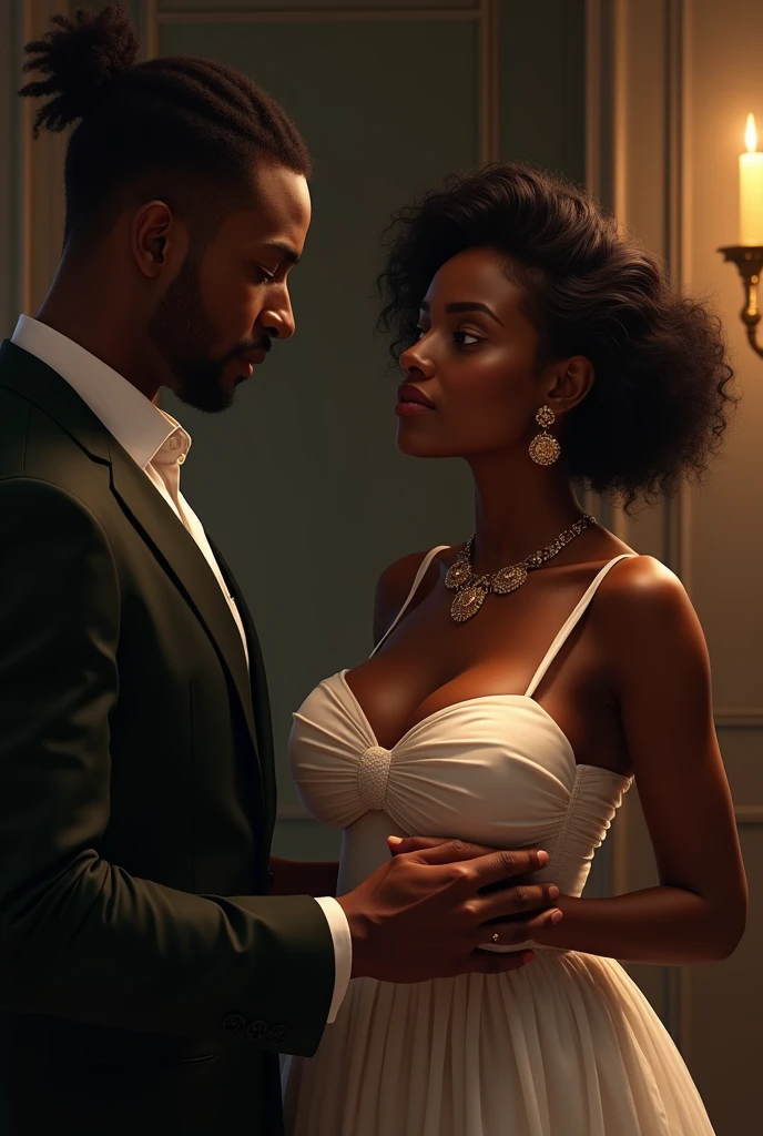 A beautiful African woman is standing and her breasts are big and she is giving milk to a rich man and she is receiving money in return