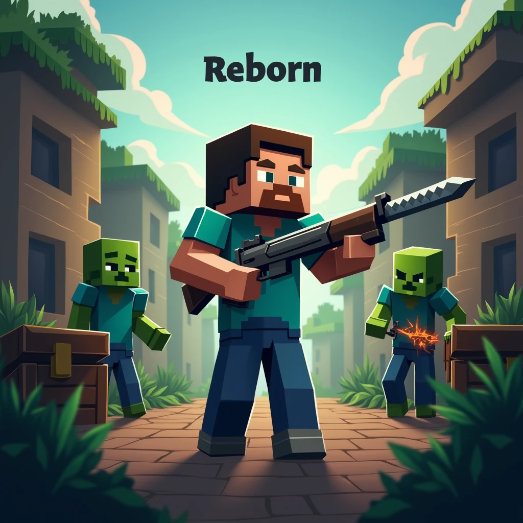 "Create a square game logo,The scale is 1:1,Style: Minecraft。The main character in the picture is a Minecraft-style character,Holding a gun,Standing in a small town environment,There are zombies around,The overall style is a post-apocalyptic wasteland。Add another Minecraft-style character to the side of the screen,He is opening a chest and taking out an iron sword。Image with the text 'Reborn' above it。"