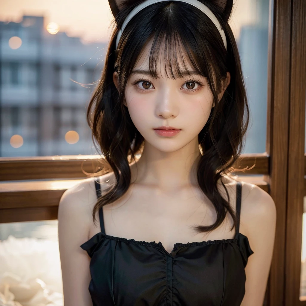 笑顔でLooking at the camera,(Highest quality,masterpiece:1.3,Ultra-high resolution),(Very detailed,Caustics,8k),(Realistic:1.4,RAW shooting),Super detailed, Ultra-high resolution,Ultra high definition 8K,Highest quality,Very detailedな,masterpiece,Realistic,Rich details,Photographic realism,18-year-old,日本語 cute日本の女の子,,A little sad look，Looking at the camera, Good figure,Rembrandt Lighting, (photoRealistic:1.2), (Highest quality), (Detailed skin:1.3), (Intricate details), Ray Tracing,One girl, In detail,real，Scattered beneath the surface,(blush:0.5), Detailed skin texture, Black Hair, Long Hair,Cat ears headband， (Wavy Hair:1.2), (Blunt bangs:1.2), Detailed lips，Beautiful Lips, Detailed face、cute, Black maid outfit,Collarbone Bare Skin,(Face Focus:1.1),(Face close-up:1.1),Front of face，Window，Sunset